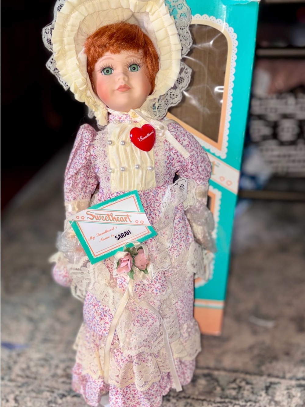 Sweetheart Sarah Porcelain Doll in Pink Floral Dress and Cream Bonnet
